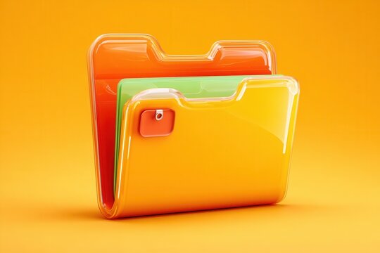 Colorful plastic file folders stacked on orange background
