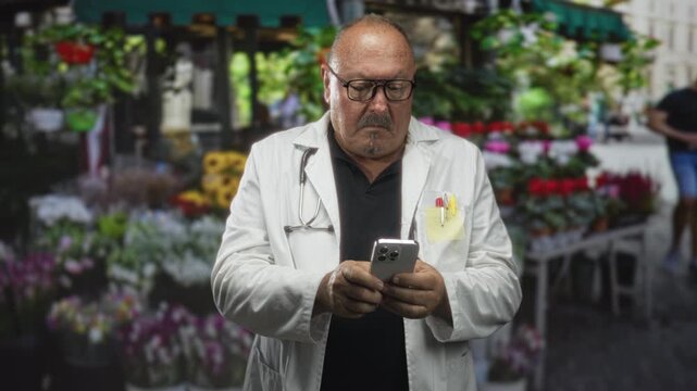 Man doctor in white coat holds smartphone with both hands, looks down at screen with stethoscope visible in a street flower market; concern reflection duty.