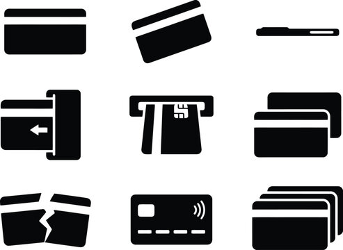 Minimalist credit card icon set, black bank card vector symbols, 9 financial payment and ATM transaction graphics for e-commerce and banking apps