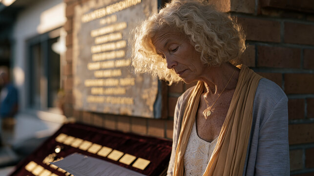 Weathered volunteer recognition plaque mounted on brick community center wall catches late August afternoon light while longtime neighborhood organizer in her sixties reviews decades of service pins