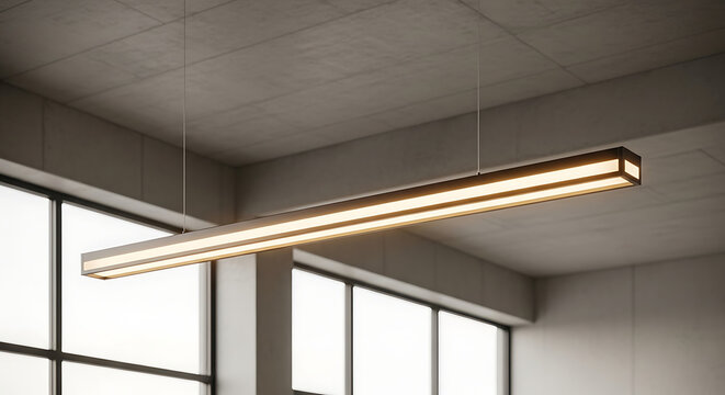 Modern linear LED pendant light hanging from concrete ceiling in industrial office or loft interior