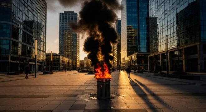 Burning trash can with black smoke in city square surrounded by modern buildings under dramatic sunset. Urban disaster concept.