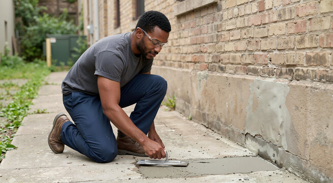 Black man applying wet concrete layer to sidewalk. Male worker smoothing cement patch with a trowel. Exterior property maintenance and masonry repair