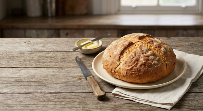 Freshly baked damper bread on a plate with butter. Rustic kitchen setting. Food theme