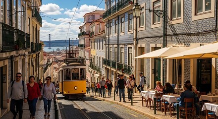 Fototapeta premium Yellow Vintage Tram Climbing Sunny Historic Street in Lisbon