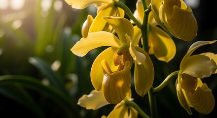 Obraz premium Golden Yellow Orchid Blooming in Soft Sunlit Tropical Garden