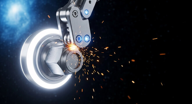 Robotic Arm Grinding Metal Part, Producing Bright Sparks in a High-Tech Industrial Environment