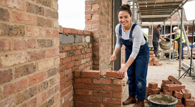 Smiling female bricklayer in overalls laying red bricks with a trowel. Woman working on a construction site building a wall. Masonry and teamwork concept