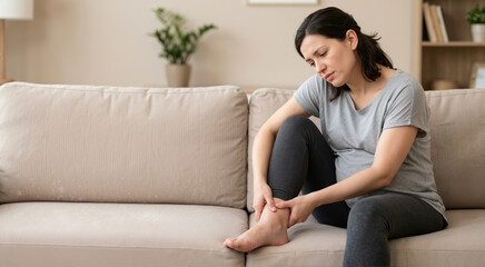 Fototapeta premium Pregnant woman massaging swollen ankles on a sofa. Pregnancy discomfort concept
