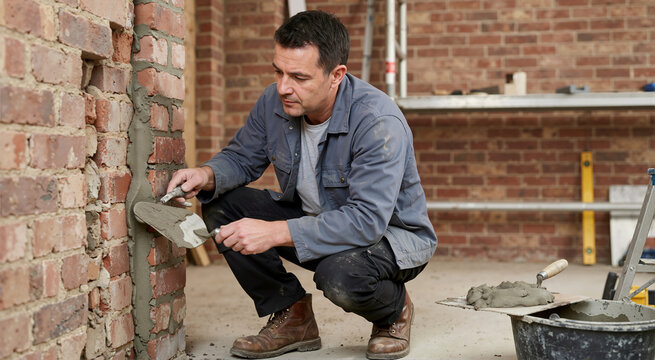 Male bricklayer applying grey mortar to a red brick wall with a trowel. Mason kneeling on concrete floor during indoor building construction and repair