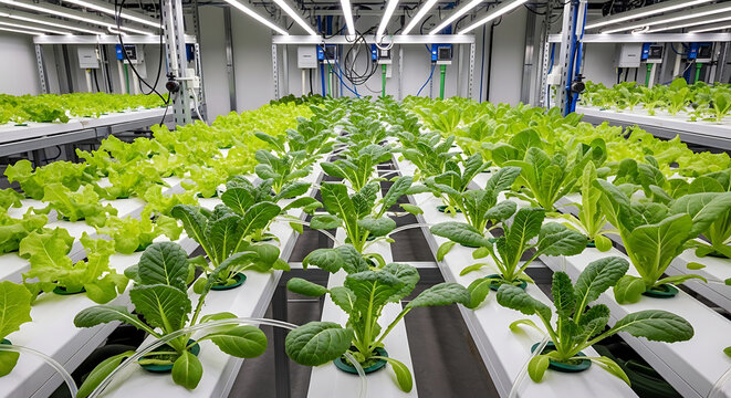 Modern indoor vertical farm growing fresh green leafy vegetables under LED lights