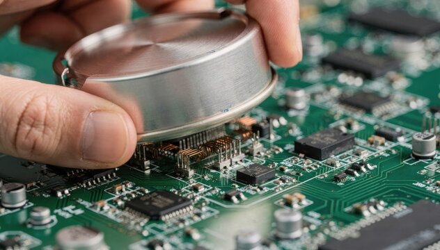 Closeup of hands installing a clipon EMI shield can onto sensitive radio frequency circuitry demonstrating quick and efficient metal shielding for optimal device performance.