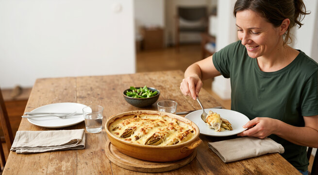 Woman serving endive gratin with cheese. Smiling person eating a healthy vegetable dish in a rustic dining room