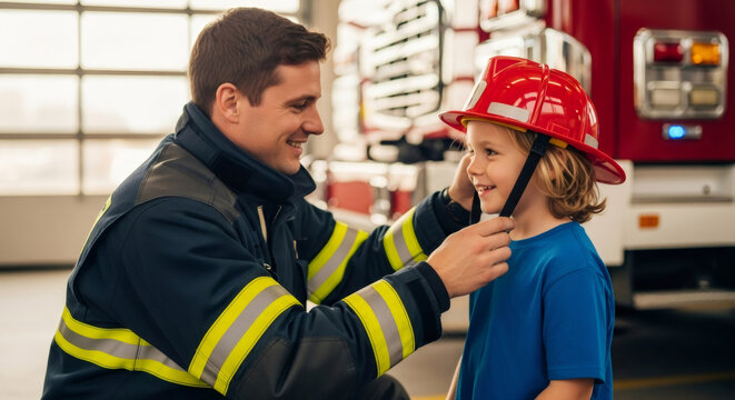 Fireman putting helmet on little child at fire station. Professional firefighter teaching toddler about safety. Career inspiration and hero role model concept for emergency education.