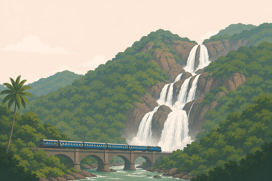 Dudhsagar Falls Goa vector illustration, waterfall landscape India