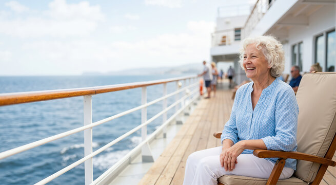 Laughing senior woman relaxing on a cruise ship deck. Retired female passenger enjoying a sunny ocean voyage in a deck chair. Summer vacation and active retirement travel concept