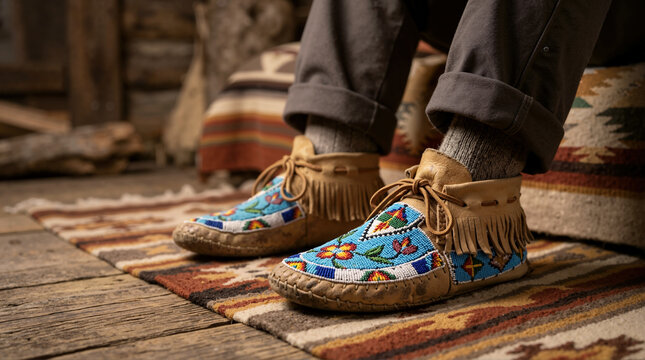 Traditional Native American leather moccasins with colorful beadwork. Close-up of fringed shoes with floral bead patterns standing on a woven rug over a wooden floor. Indigenous cultural footwear