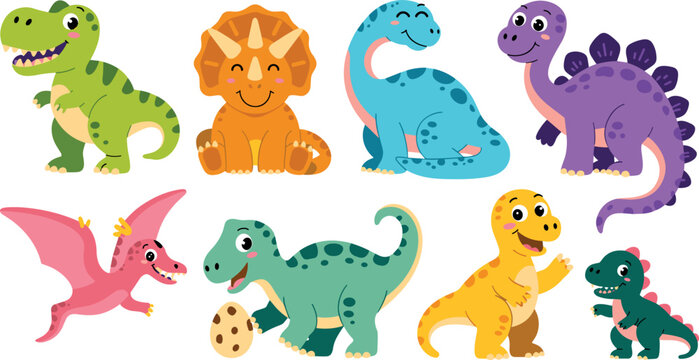 Set of funny smiling dinosaurs including tyrannosaurus triceratops and pterodactyl illustrations.