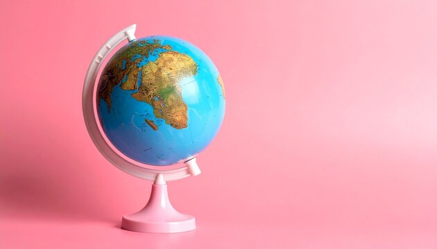 "Light blue globe on pink background, tilted stand showing Africa prominently in center."