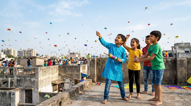 Happy Indian children flying kites on a rooftop during a festival. Group of kids with a wooden spool looking up at a sky full of colorful kites. Makar Sankranti celebration