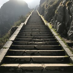 Obraz premium Ancient Stone Stairway Rising Through Rocky Mountain Pass in Morning Light