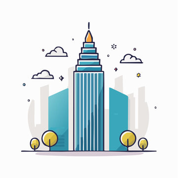 Stylized Illustration of a Tall Skyscraper in a Cityscape