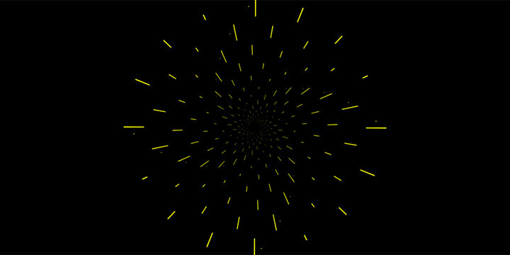 Abstract geometric sunburst or radial laser beam pattern with vibrant yellow dashed lines exploding from the center isolated on a black background.