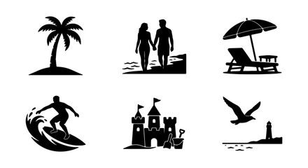 Obraz premium Beach Vacation Icons Set, Summer Holiday Silhouettes, Tropical Travel Graphics, Seaside Elements