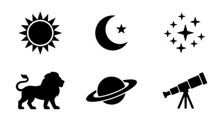 Celestial Icons Set: Sun, Moon, Stars, Lion, Saturn, Telescope, Astronomy Graphics © black man