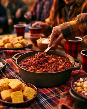 Hand Serving Chili from Cast Iron Pot at Autumn Tailgate Table with Cornbread and Toppings