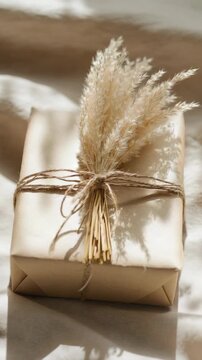 A gift is wrapped carefully in plain paper and tied with twine. Dried flowers are added to the top. Light casts soft shadows on the surface. This shows a simple wrapping idea for special occasions