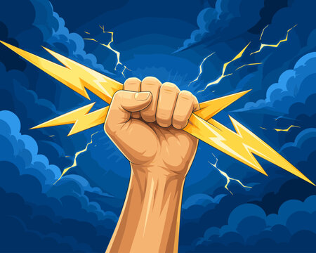Fist holding lightning bolt against stormy sky with thunder