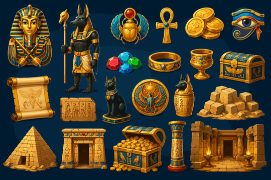 Collection of ancient Egyptian artifacts and symbols on a dark background