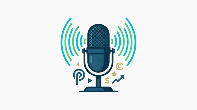 A stylized illustration of a microphone broadcasting sound waves, surrounded by various icons representing communication and business