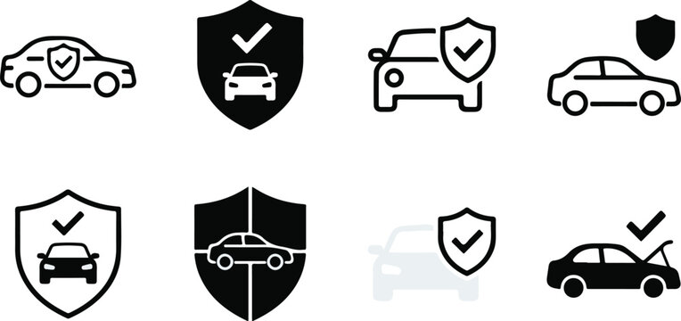 Car Insurance and Vehicle Protection Icon Collection Featuring Auto Safety Coverage Verification and Secure Transportation Vector Symbols