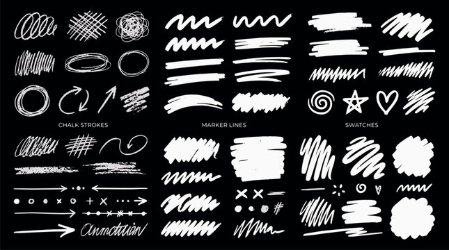 White hand drawn chalk strokes marker lines swatches and arrows elements collection on black background vector illustration