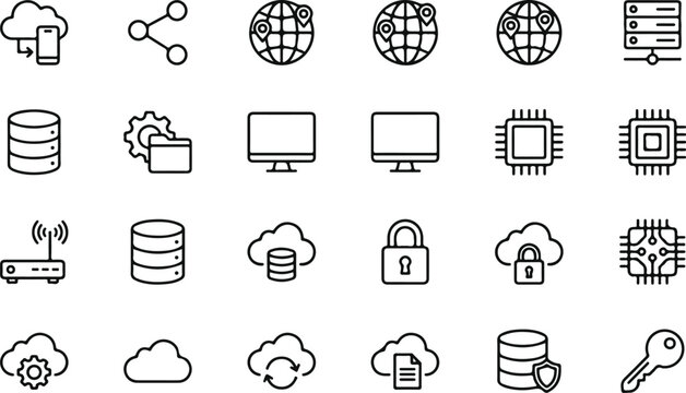 Cloud Computing and Data Storage Icon Collection Featuring Network Security Server Technology and Digital Infrastructure Vector Symbols