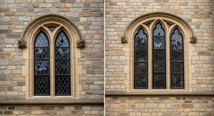 Obraz premium Gothic arched stone windows with iron grilles on historic building exterior in natural light