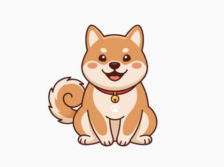 Fototapeta premium A cute Shiba Inu dog with a happy smile, wearing a red collar with a bell, sits patiently