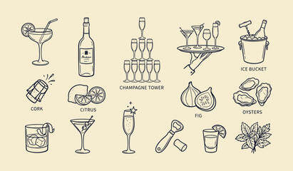 Elegant Party Drinks and Food Icons Set Featuring Champagne Cocktails Wine Oysters Citrus and Barware Line Art Vector Illustration © Kanon Islam