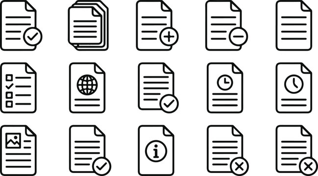 Document Management and File Processing Icon Collection Featuring Approval Verification Information and Digital Paperwork Vector Symbols