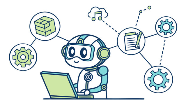 Cute robot assistant using laptop with AI workflow, automation icons and digital technology concept
