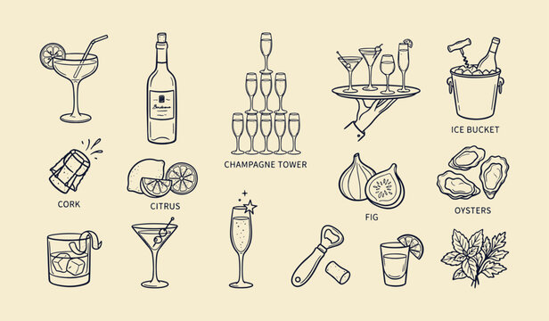 Elegant Party Drinks and Food Icons Set Featuring Champagne Cocktails Wine Oysters Citrus and Barware Line Art Vector Illustration