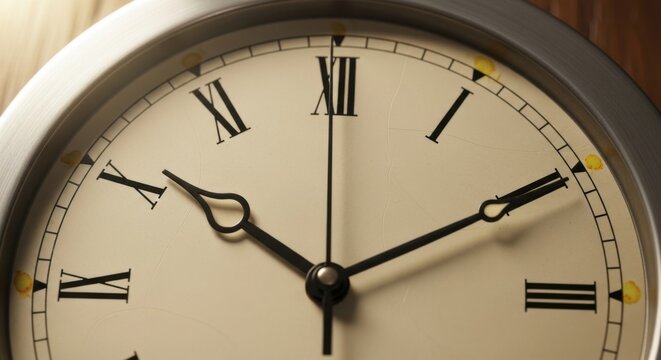 Vintage analog clock face showing time with black hands and Roman numerals on white background