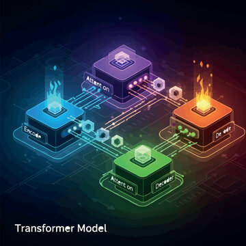 Transformer model schematic neon vector design with encoder decoder attention blocks and glowing cyber network connections