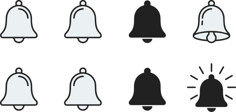Notification Bell Icon Collection in Minimal Black Vector Style Featuring Alert Reminder and Alarm Symbols for User Interface Design