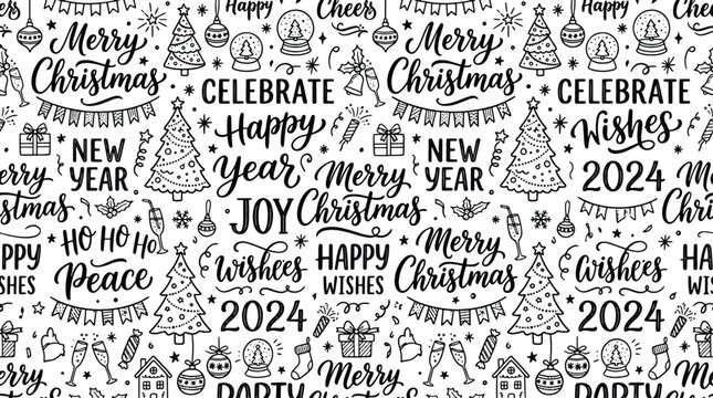 Black and white holiday seamless pattern with festive typography Christmas trees New Year doodles and celebration elements vector illustration