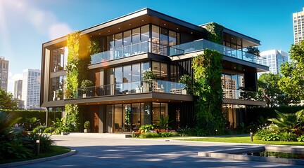 Fototapeta premium Modern Luxury Home with Greenery and Glass Facade in Urban Setting.
