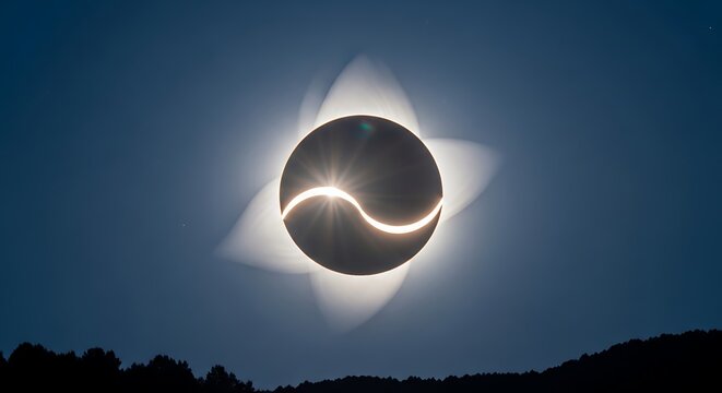 Dramatic Total Solar Eclipse Glowing Above Dark Mountain Silhouette