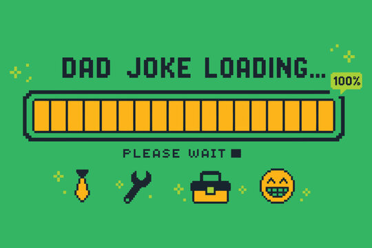 Pixel art style dad joke loading screen with tools and tie icon
